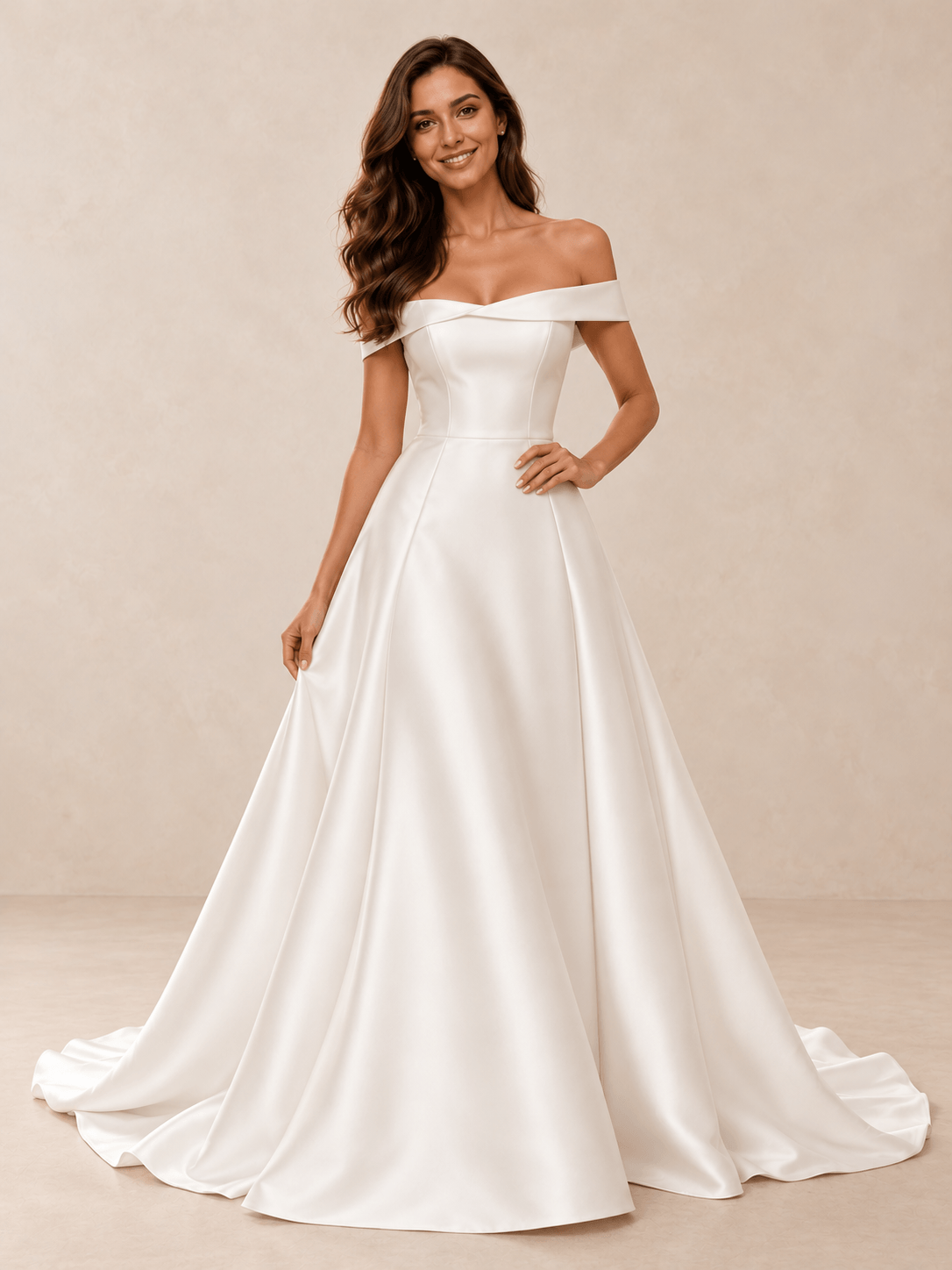 White Off-the-Shoulder Mikado A-Line Wedding Dress with Chapel Train