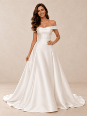 White Off-the-Shoulder Mikado A-Line Wedding Dress with Chapel Train