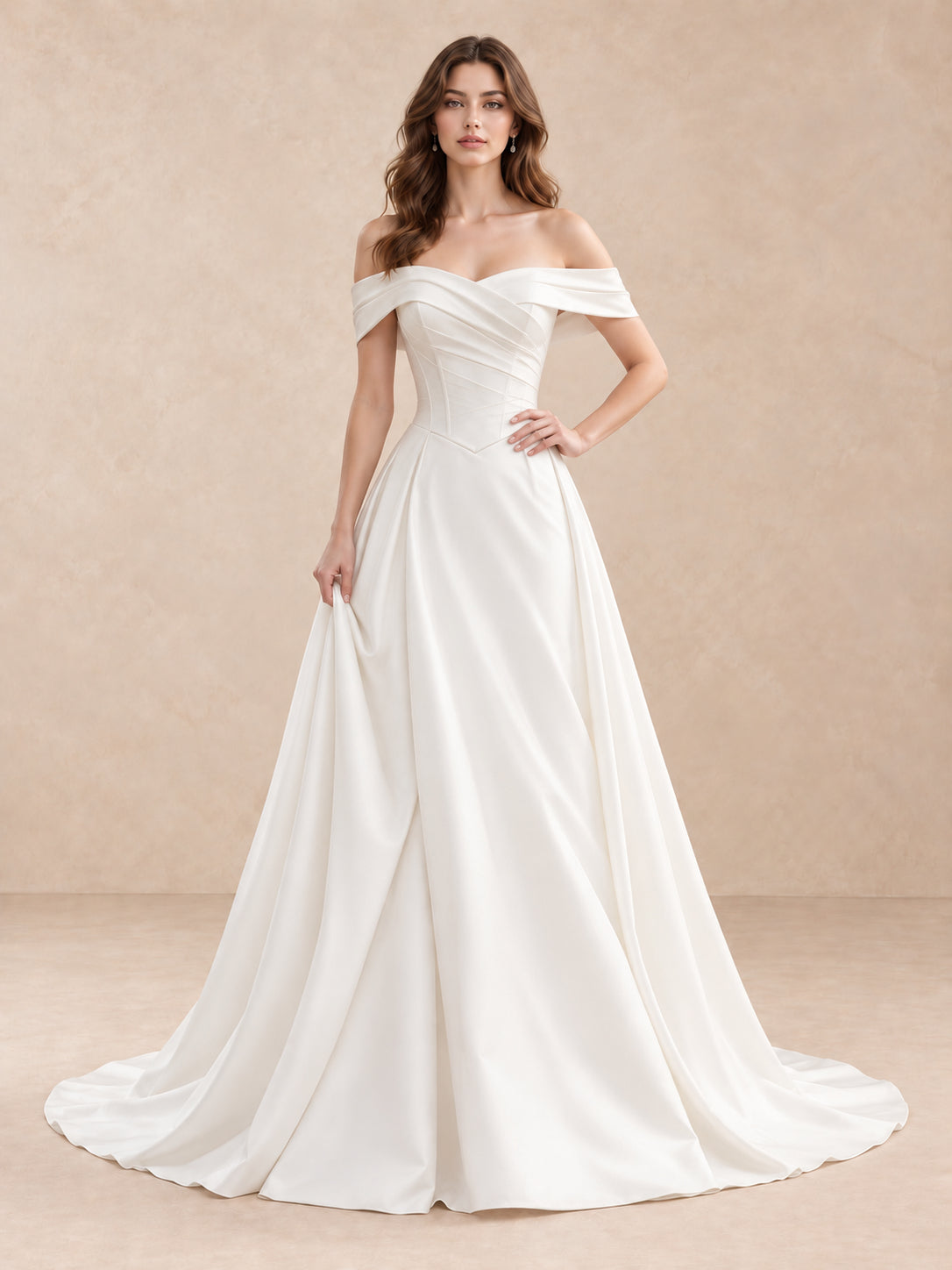 White Off-the-Shoulder Satin A-Line Wedding Dress with Basque Waist