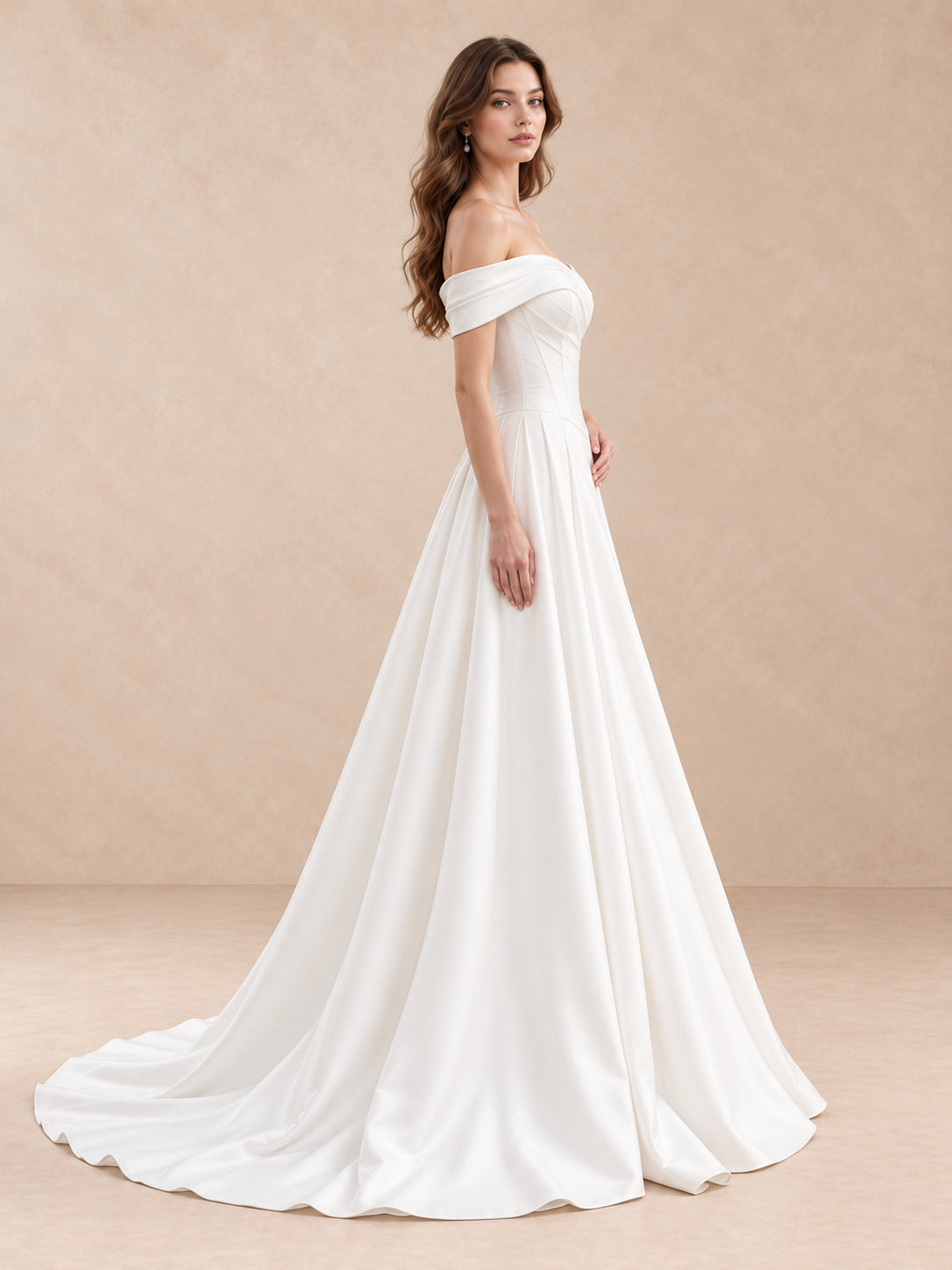 White Off-the-Shoulder Satin A-Line Wedding Dress with Basque Waist