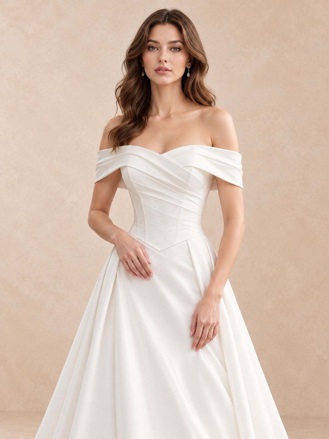 White Off-the-Shoulder Satin A-Line Wedding Dress with Basque Waist