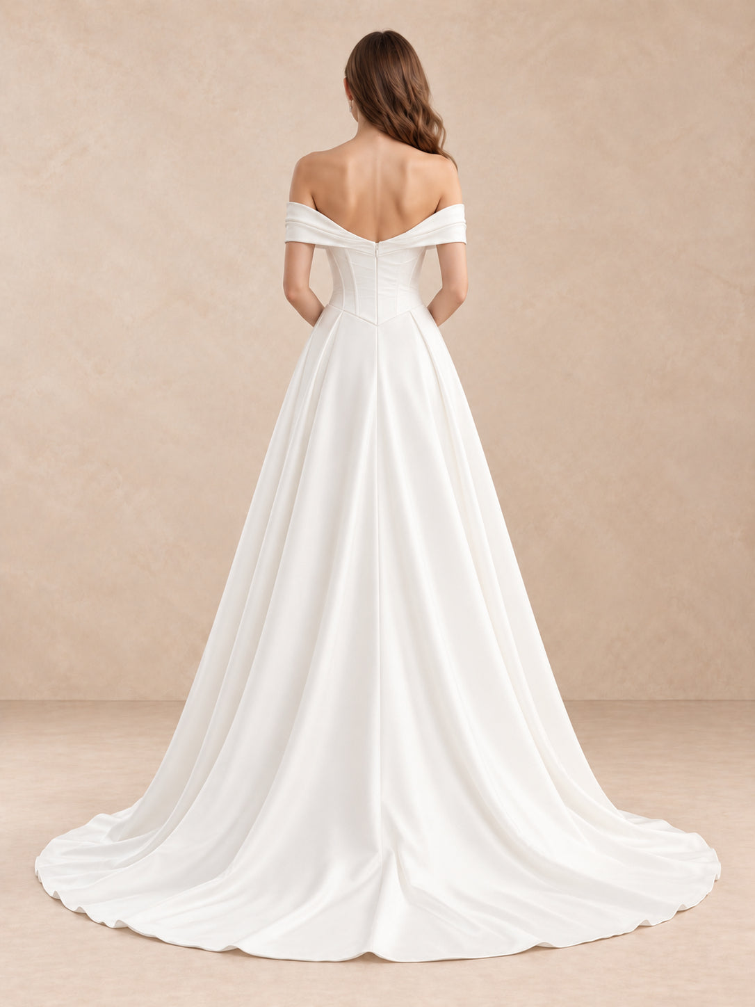 White Off-the-Shoulder Satin A-Line Wedding Dress with Basque Waist