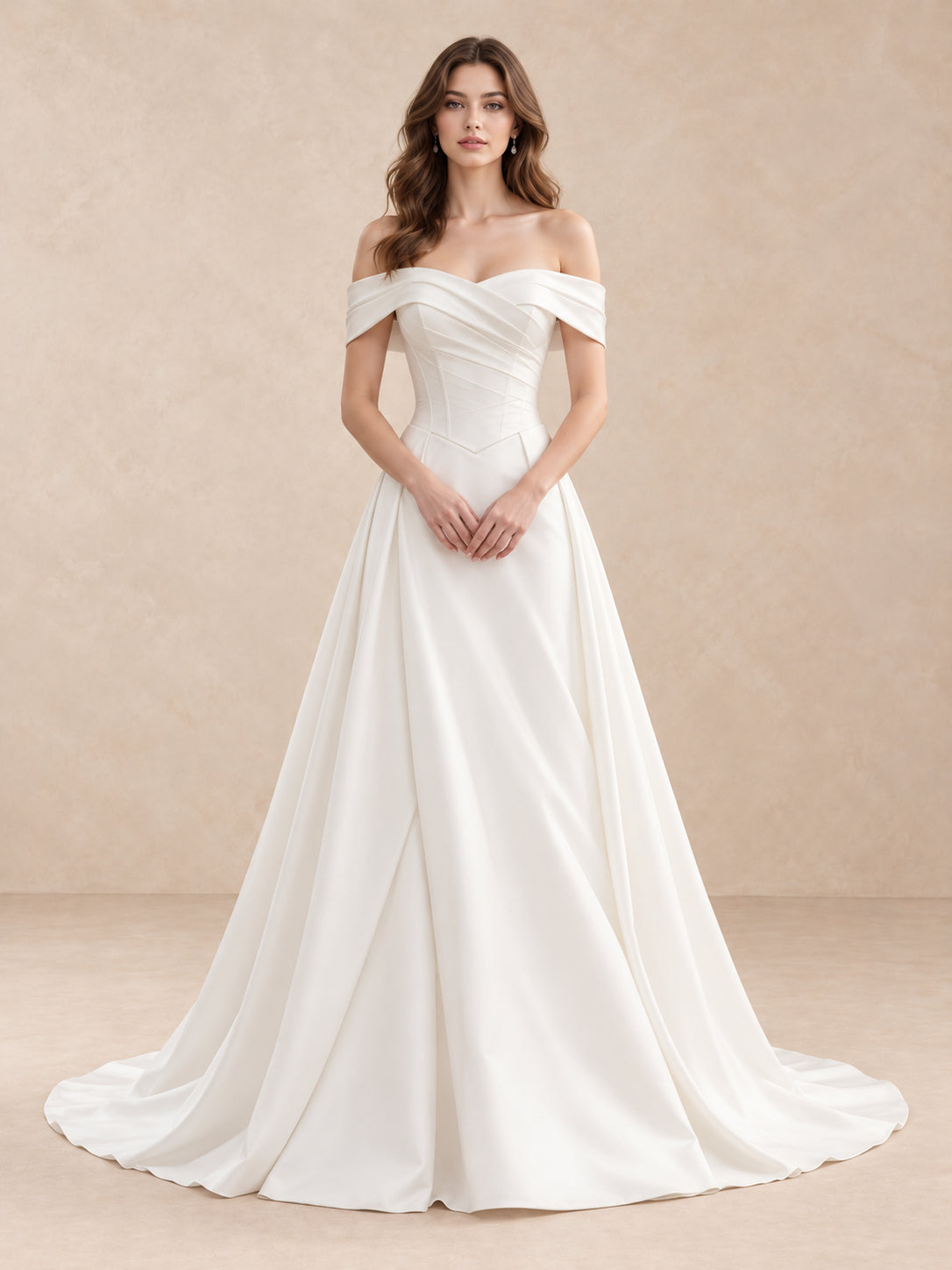 White Off-the-Shoulder Satin A-Line Wedding Dress with Basque Waist