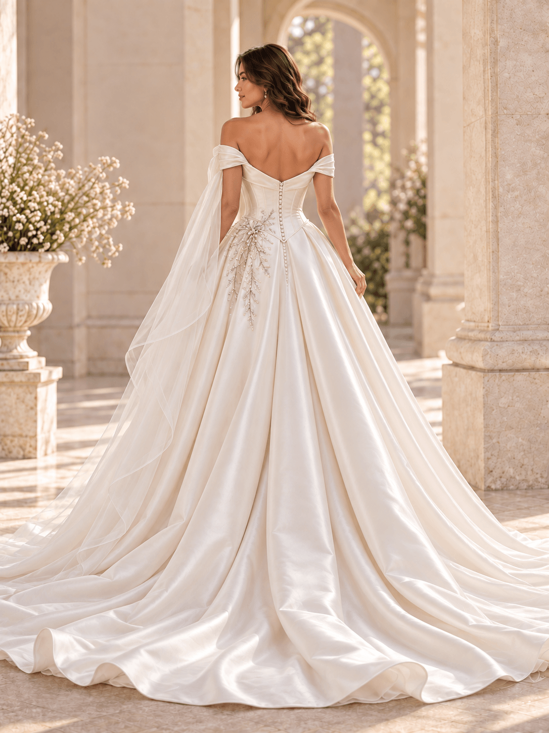White Off-the-Shoulder Satin A-Line Wedding Dress with Pearl Accents