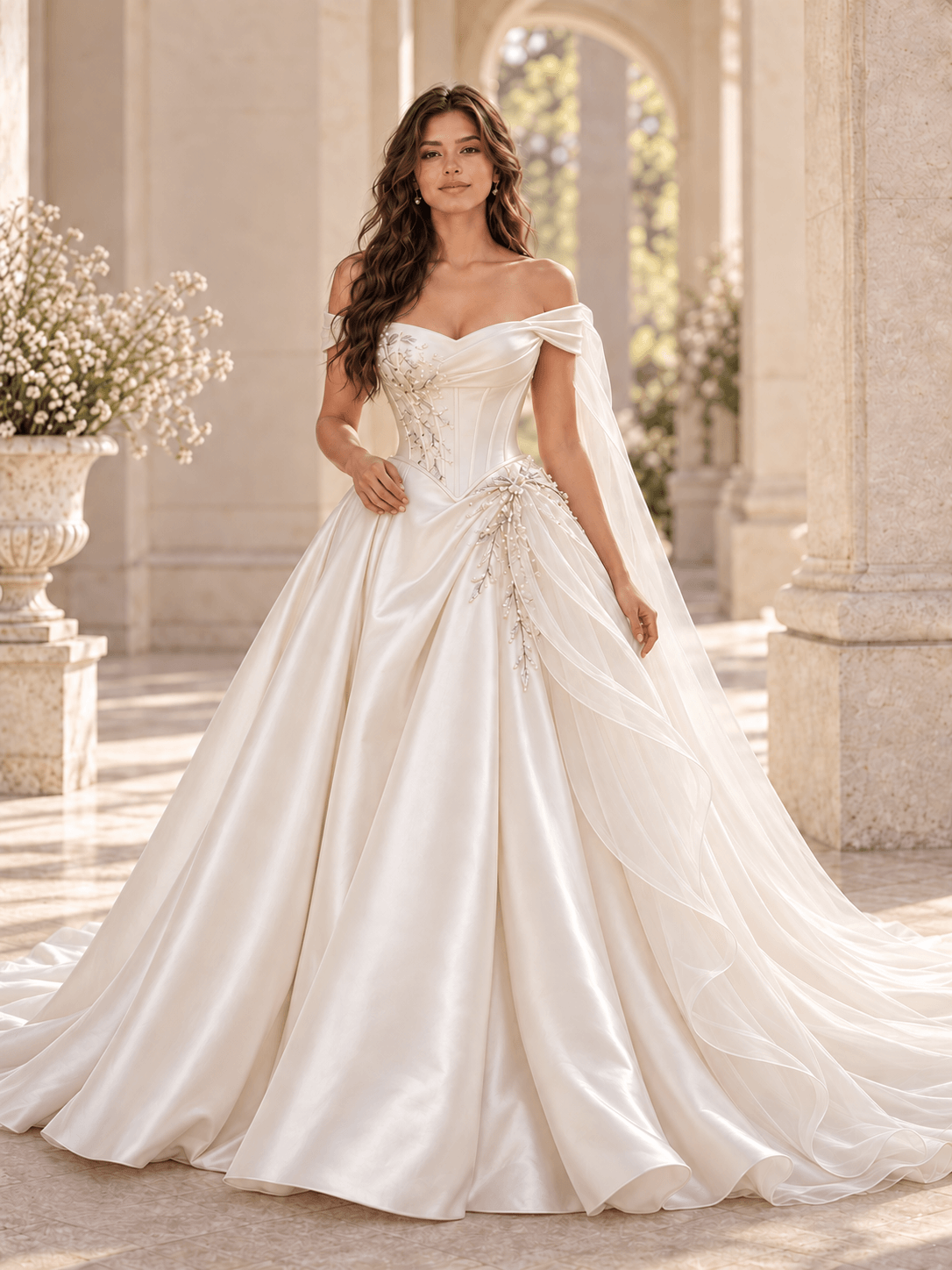 White Off-the-Shoulder Satin A-Line Wedding Dress with Pearl Accents
