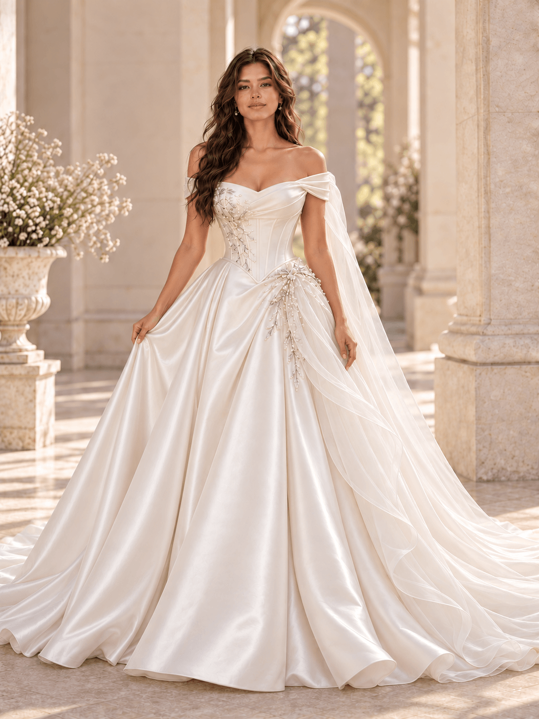 White Off-the-Shoulder Satin A-Line Wedding Dress with Pearl Accents