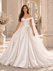 White Off-the-Shoulder Satin A-Line Wedding Dress with Pearl Accents