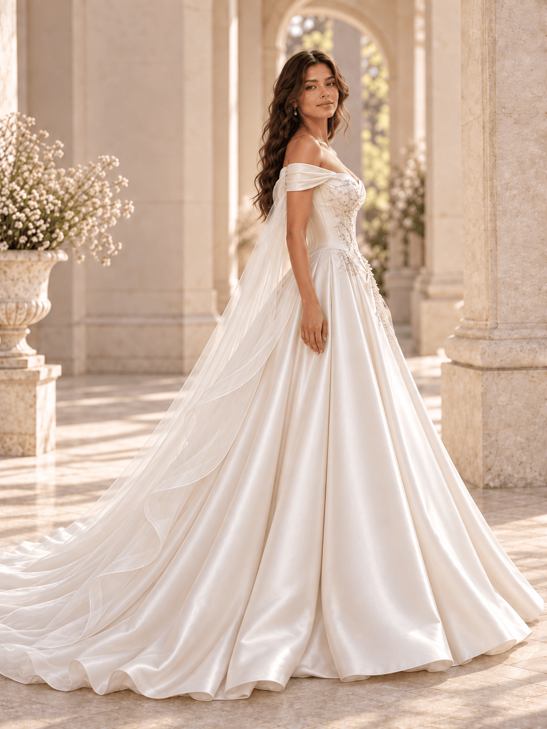 White Off-the-Shoulder Satin A-Line Wedding Dress with Pearl Accents