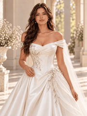 White Off-the-Shoulder Satin A-Line Wedding Dress with Pearl Accents