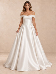 White Off-the-Shoulder Satin Wedding Dress with Pearl Trim and Sweep Train
