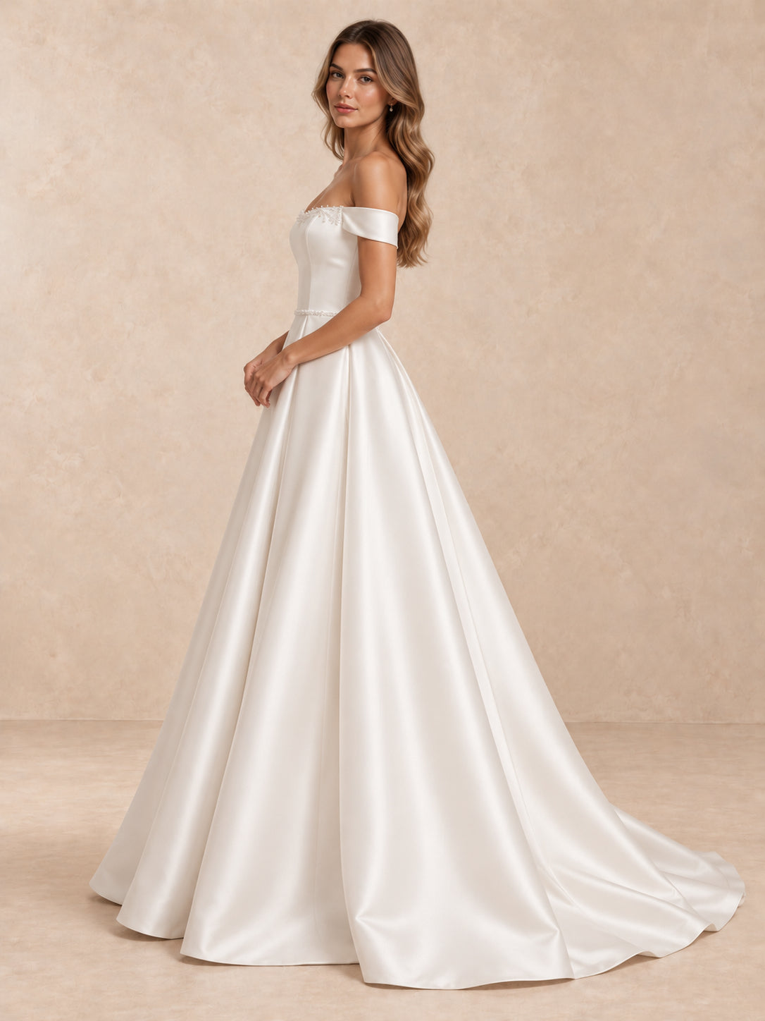 White Off-the-Shoulder Satin Wedding Dress with Pearl Trim and Sweep Train