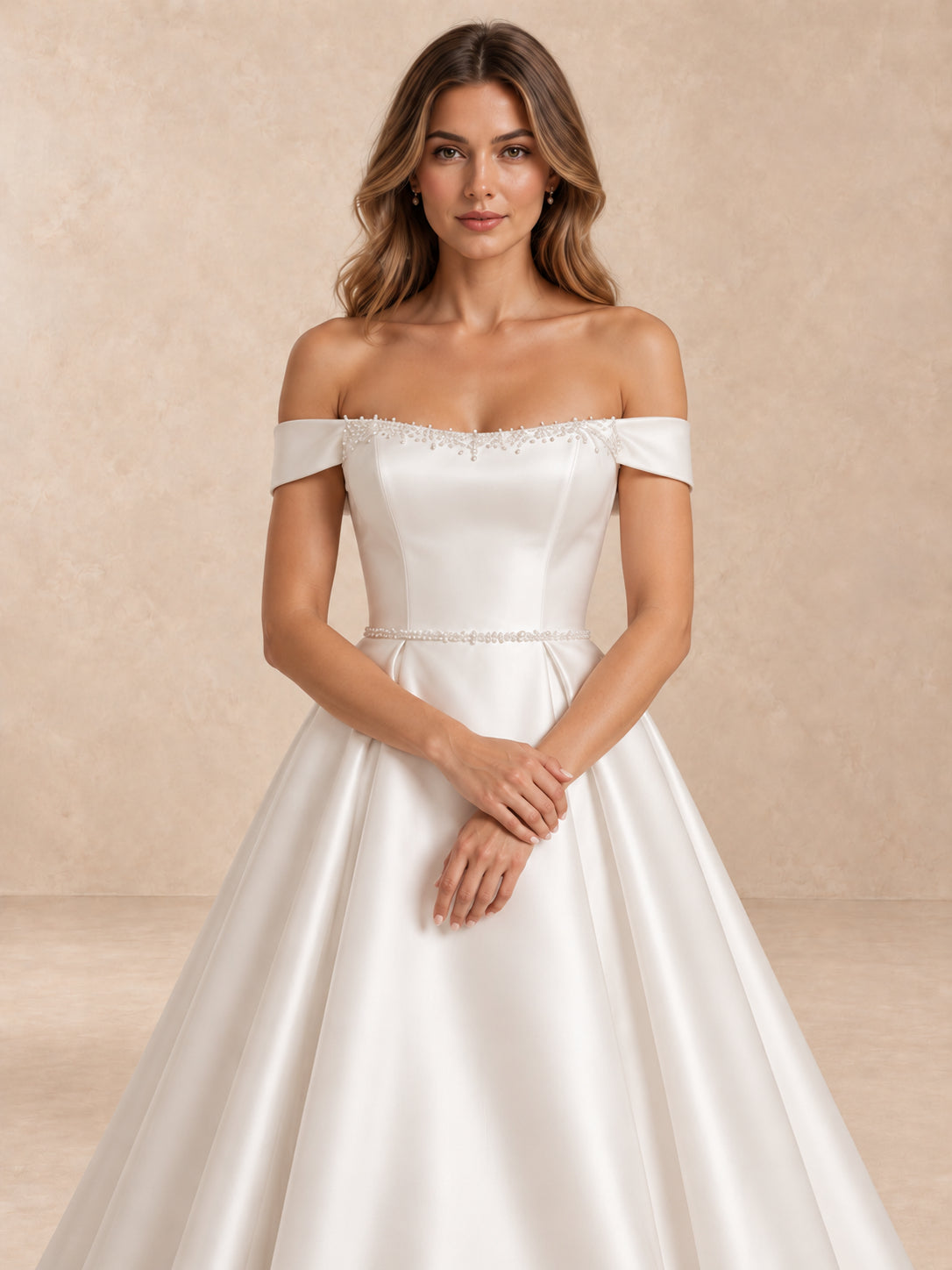 White Off-the-Shoulder Satin Wedding Dress with Pearl Trim and Sweep Train