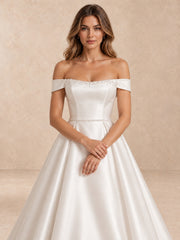 White Off-the-Shoulder Satin Wedding Dress with Pearl Trim and Sweep Train