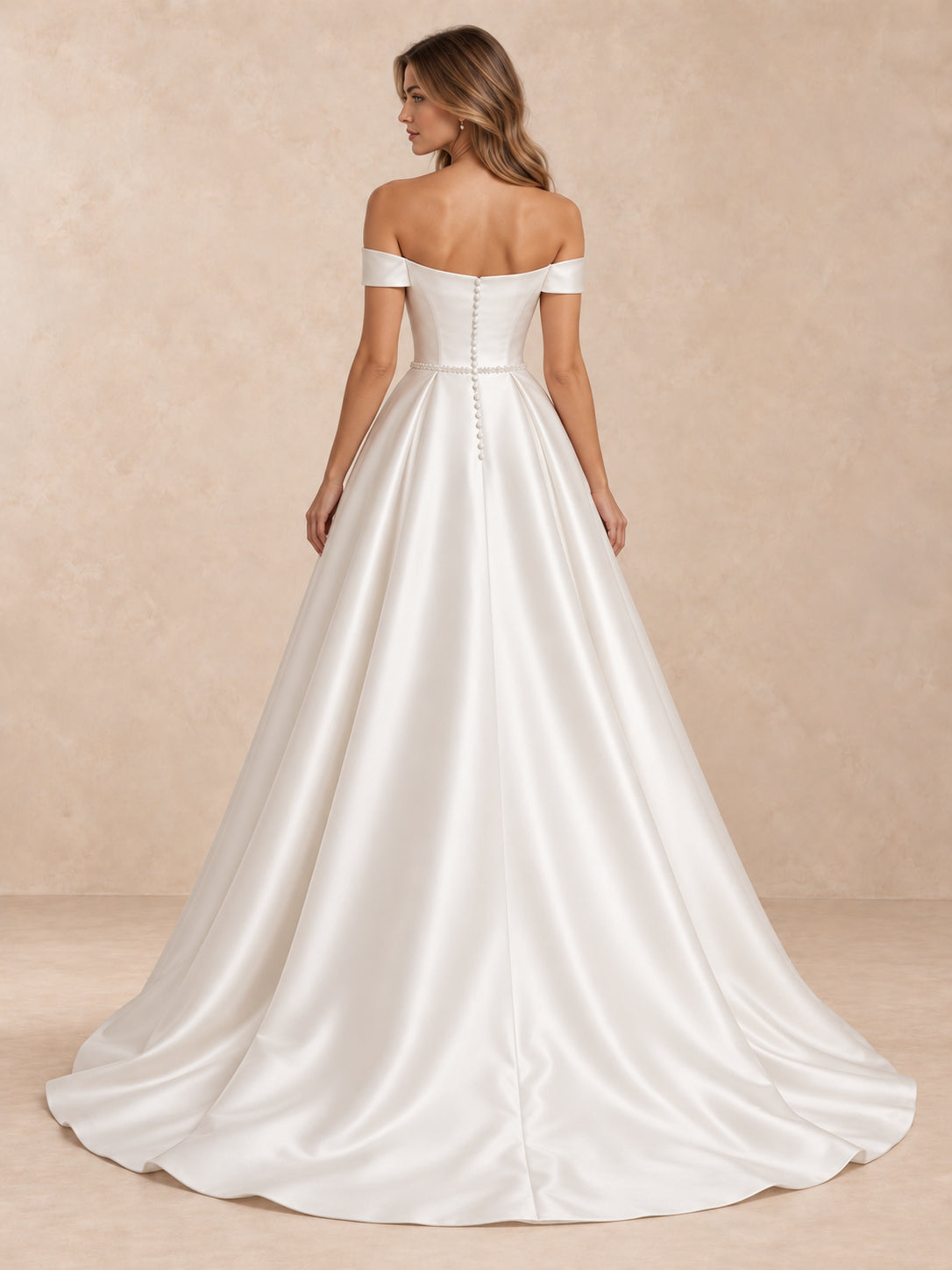 White Off-the-Shoulder Satin Wedding Dress with Pearl Trim and Sweep Train