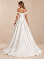 White Off-the-Shoulder Satin Wedding Dress with Pearl Trim and Sweep Train