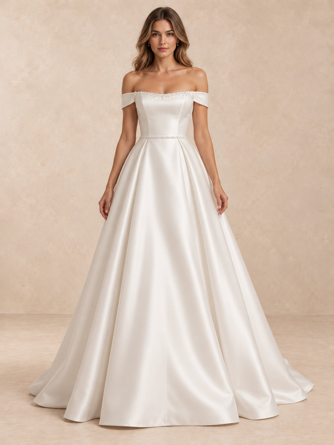 White Off-the-Shoulder Satin Wedding Dress with Pearl Trim and Sweep Train