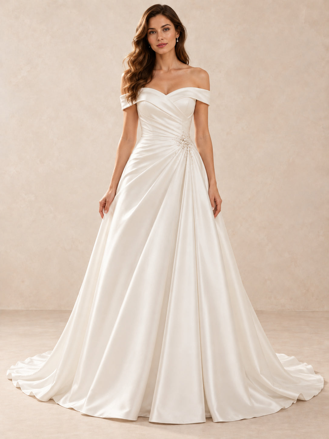 White Off-the-Shoulder Satin A-Line Wedding Dress with Pearl Waist Detail