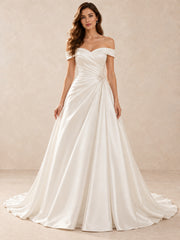 White Off-the-Shoulder Satin A-Line Wedding Dress with Pearl Waist Detail