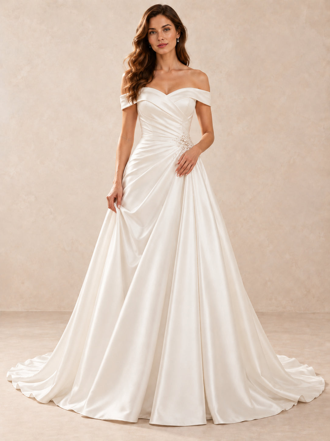 White Off-the-Shoulder Satin A-Line Wedding Dress with Pearl Waist Detail