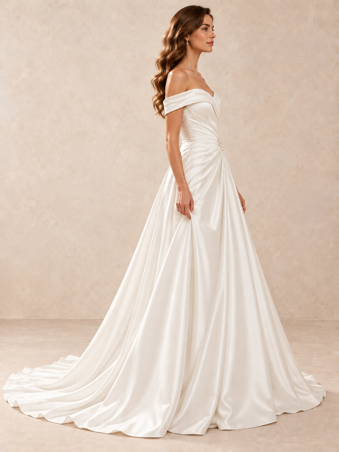 White Off-the-Shoulder Satin A-Line Wedding Dress with Pearl Waist Detail