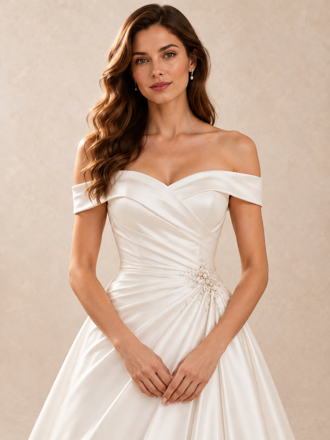 White Off-the-Shoulder Satin A-Line Wedding Dress with Pearl Waist Detail