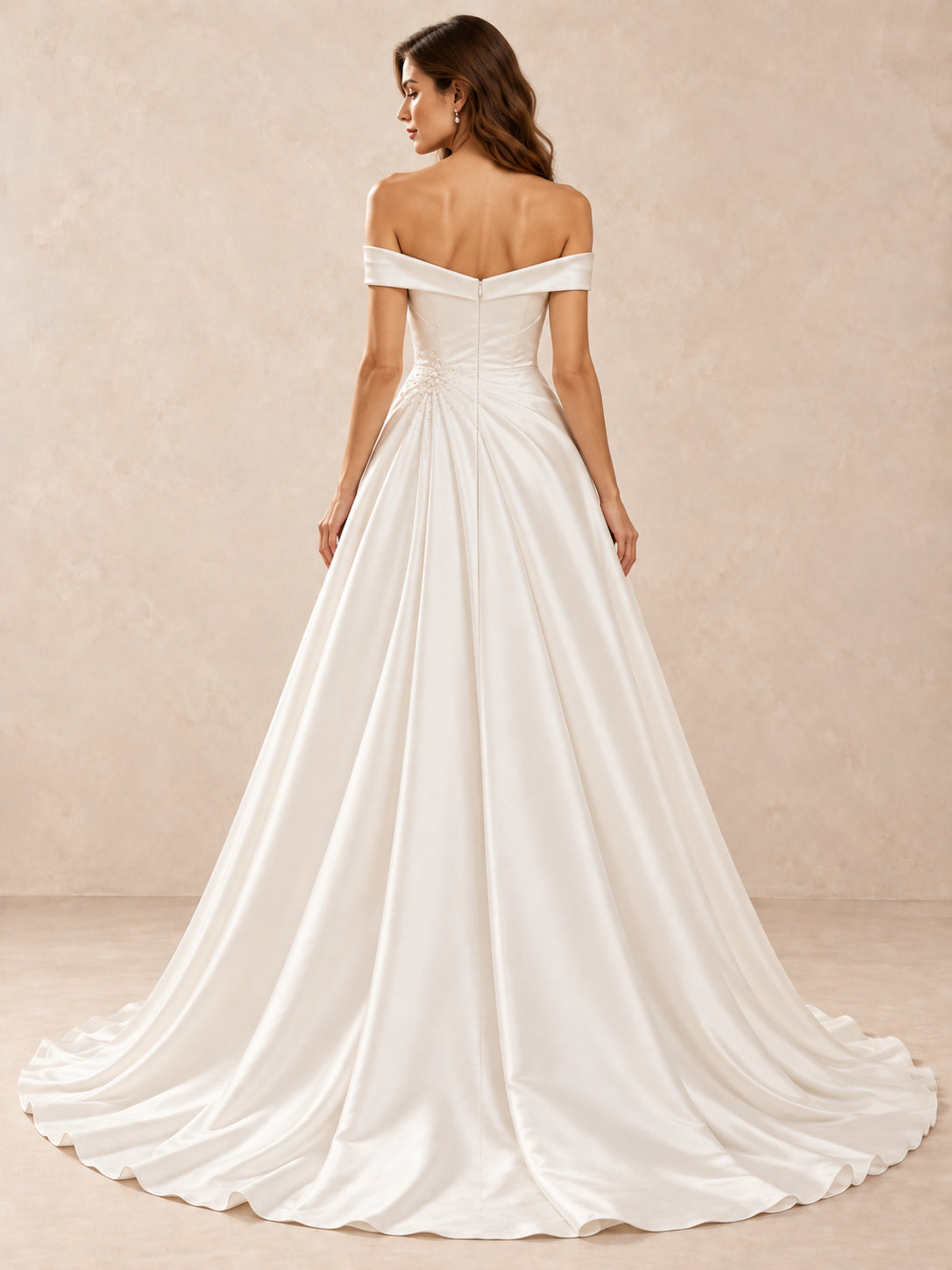 White Off-the-Shoulder Satin A-Line Wedding Dress with Pearl Waist Detail