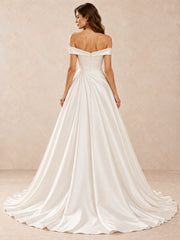 White Off-the-Shoulder Satin A-Line Wedding Dress with Pearl Waist Detail