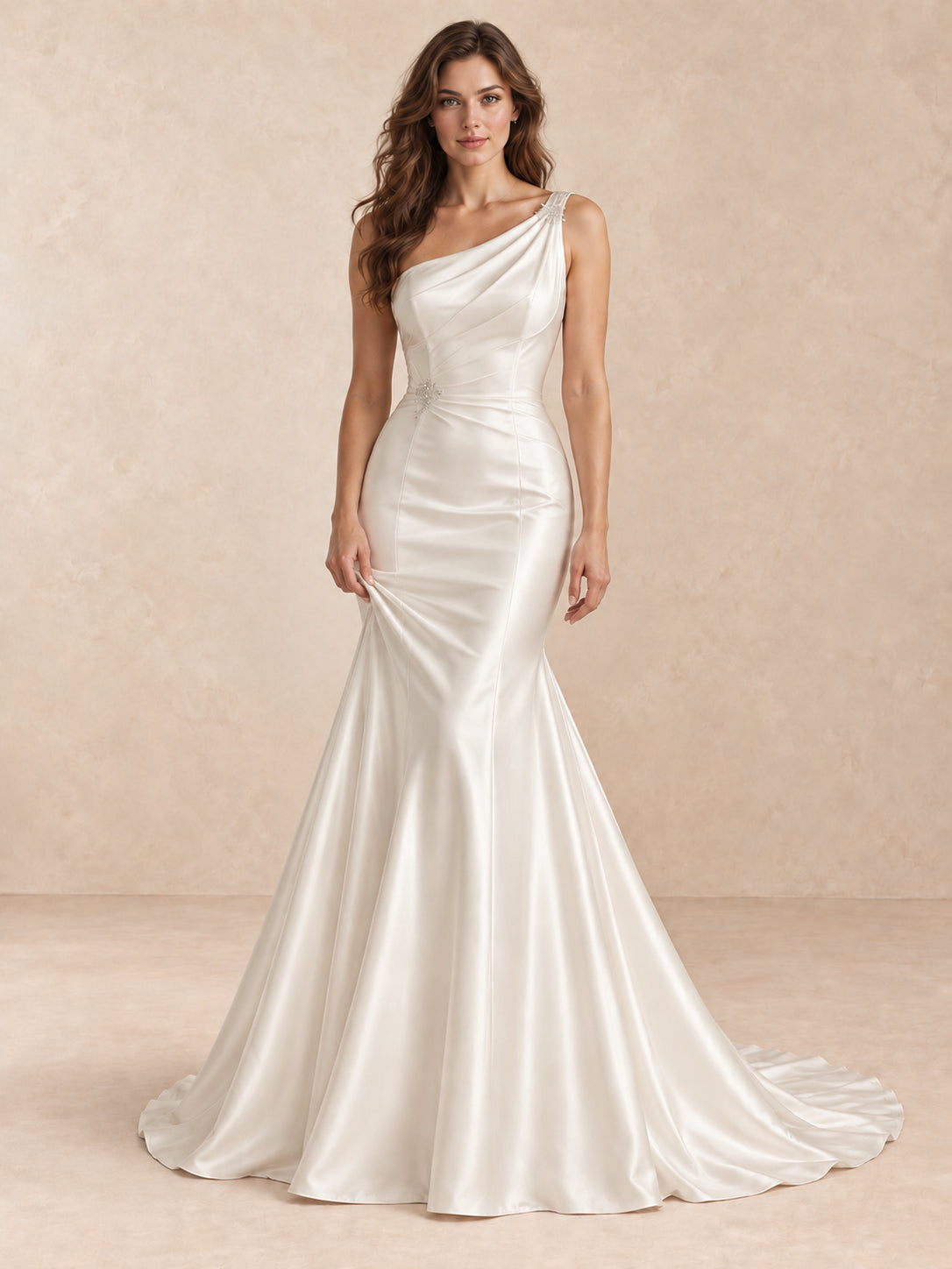White Off-the-Shoulder Satin A-Line Wedding Dress with Sweep Train