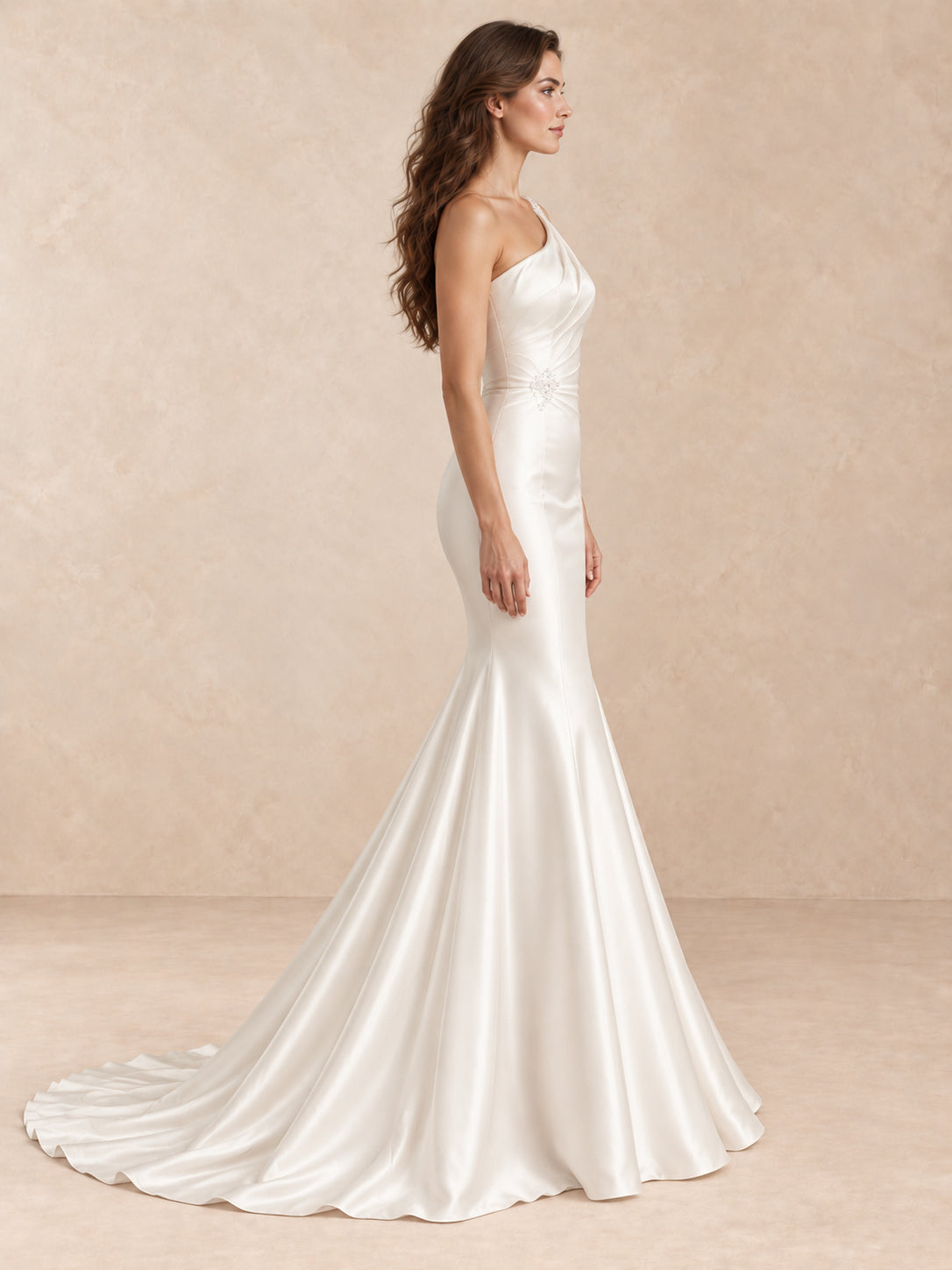 White Off-the-Shoulder Satin A-Line Wedding Dress with Sweep Train