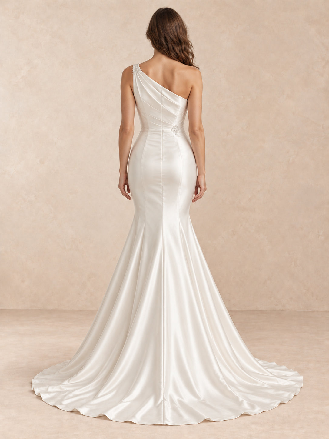 White Off-the-Shoulder Satin A-Line Wedding Dress with Sweep Train