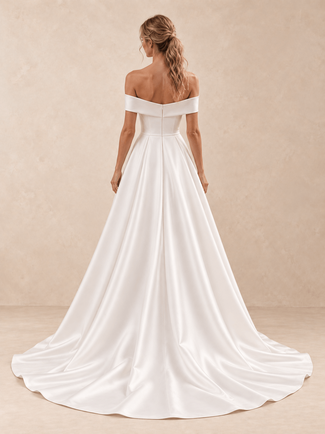 White Off-the-Shoulder Satin A-Line Wedding Dress with Train