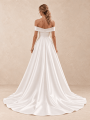 White Off-the-Shoulder Satin A-Line Wedding Dress with Train