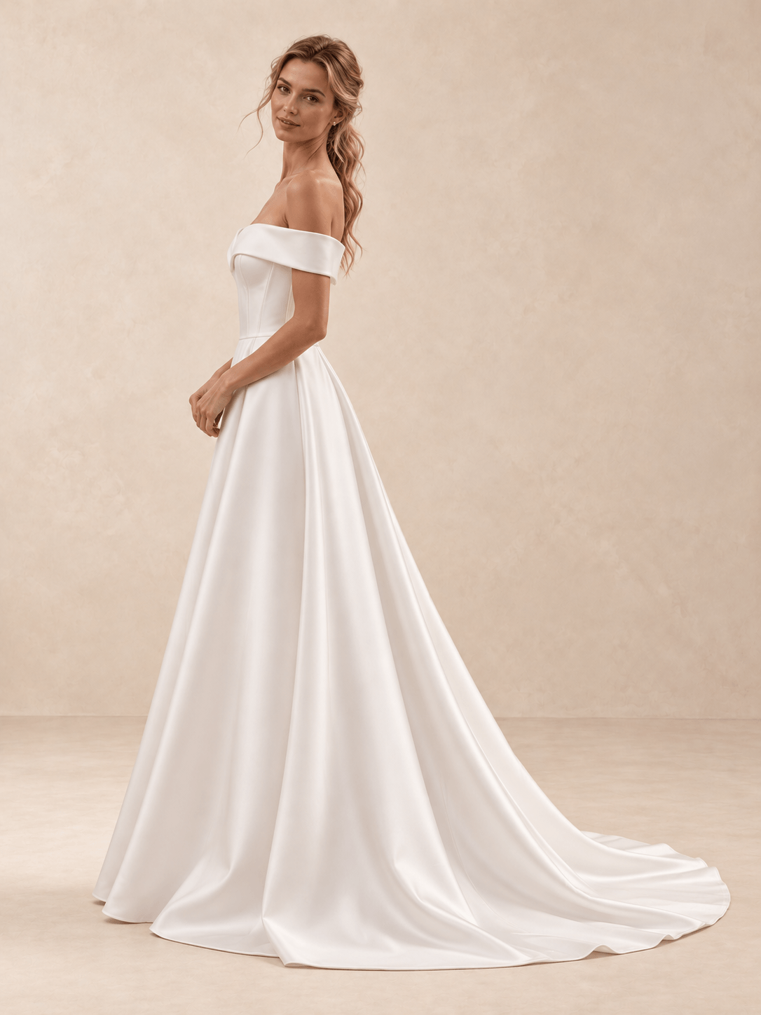 White Off-the-Shoulder Satin A-Line Wedding Dress with Train