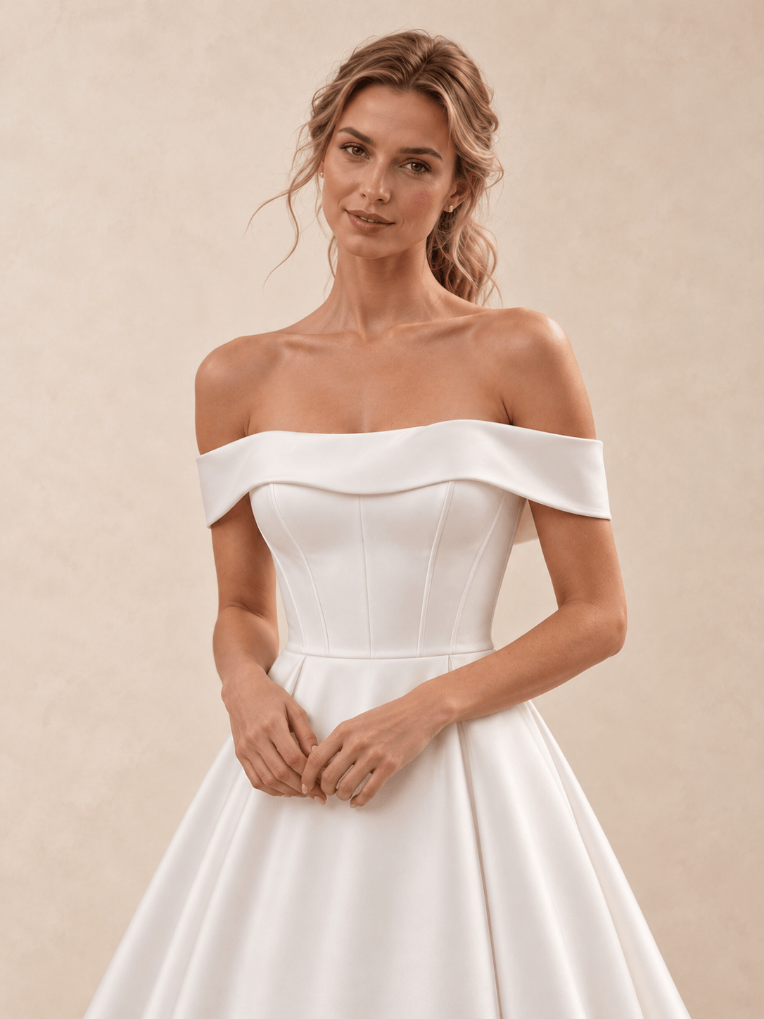 White Off-the-Shoulder Satin A-Line Wedding Dress with Train