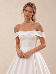 White Off-the-Shoulder Satin A-Line Wedding Dress with Train