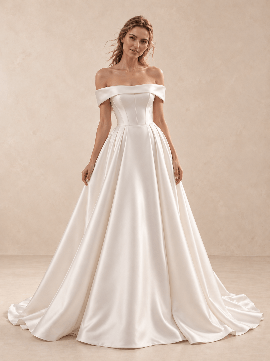 White Off-the-Shoulder Satin A-Line Wedding Dress with Train