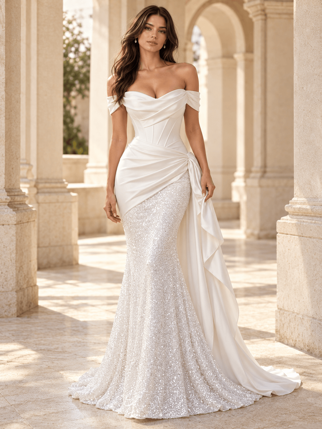 White Off-the-Shoulder Satin Mermaid Wedding Dress with Sequined skirt