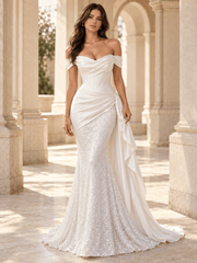 White Off-the-Shoulder Satin Mermaid Wedding Dress with Sequined skirt