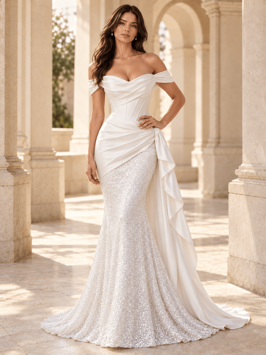 White Off-the-Shoulder Satin Mermaid Wedding Dress with Sequined skirt