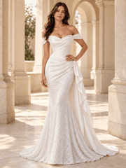 White Off-the-Shoulder Satin Mermaid Wedding Dress with Sequined skirt
