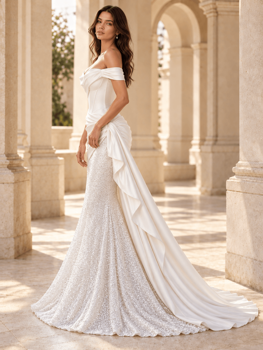White Off-the-Shoulder Satin Mermaid Wedding Dress with Sequined skirt
