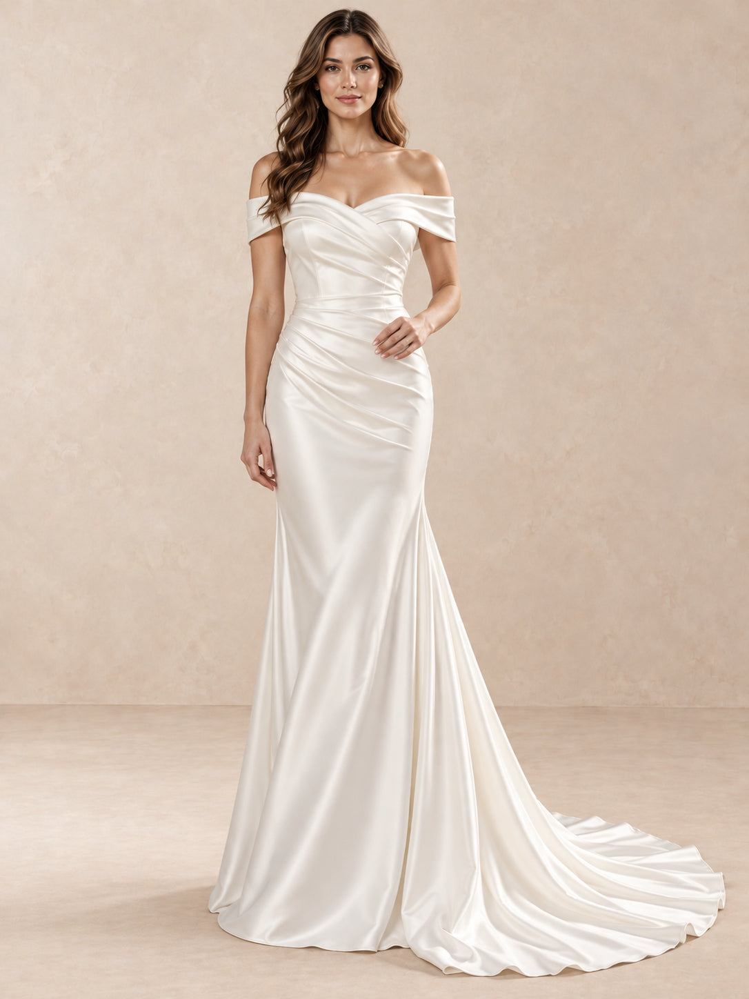 White Off-the-Shoulder Satin Trumpet Wedding Dress with Draped Bodice
