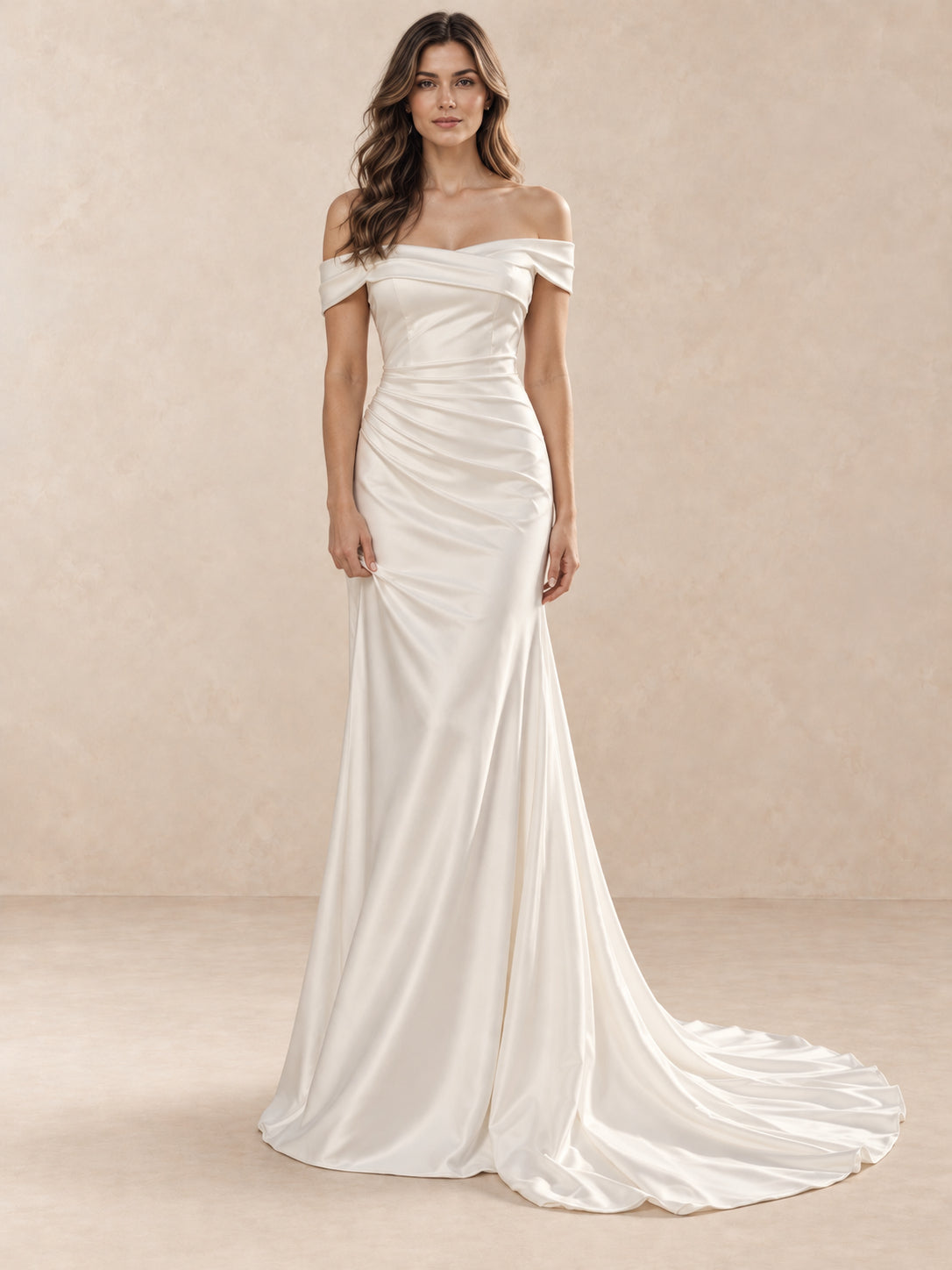 White Off-the-Shoulder Satin Trumpet Wedding Dress with Draped Bodice
