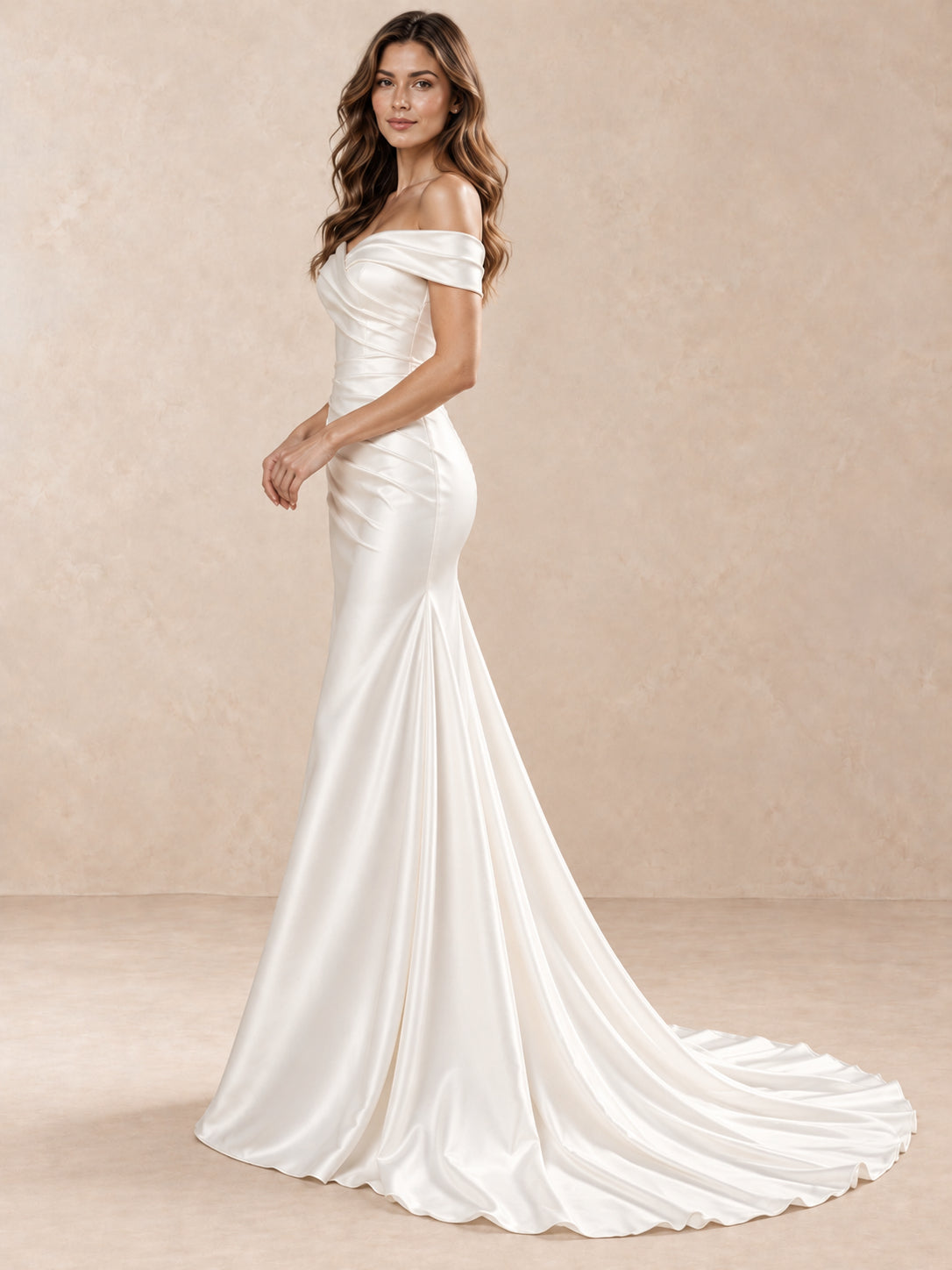 White Off-the-Shoulder Satin Trumpet Wedding Dress with Draped Bodice