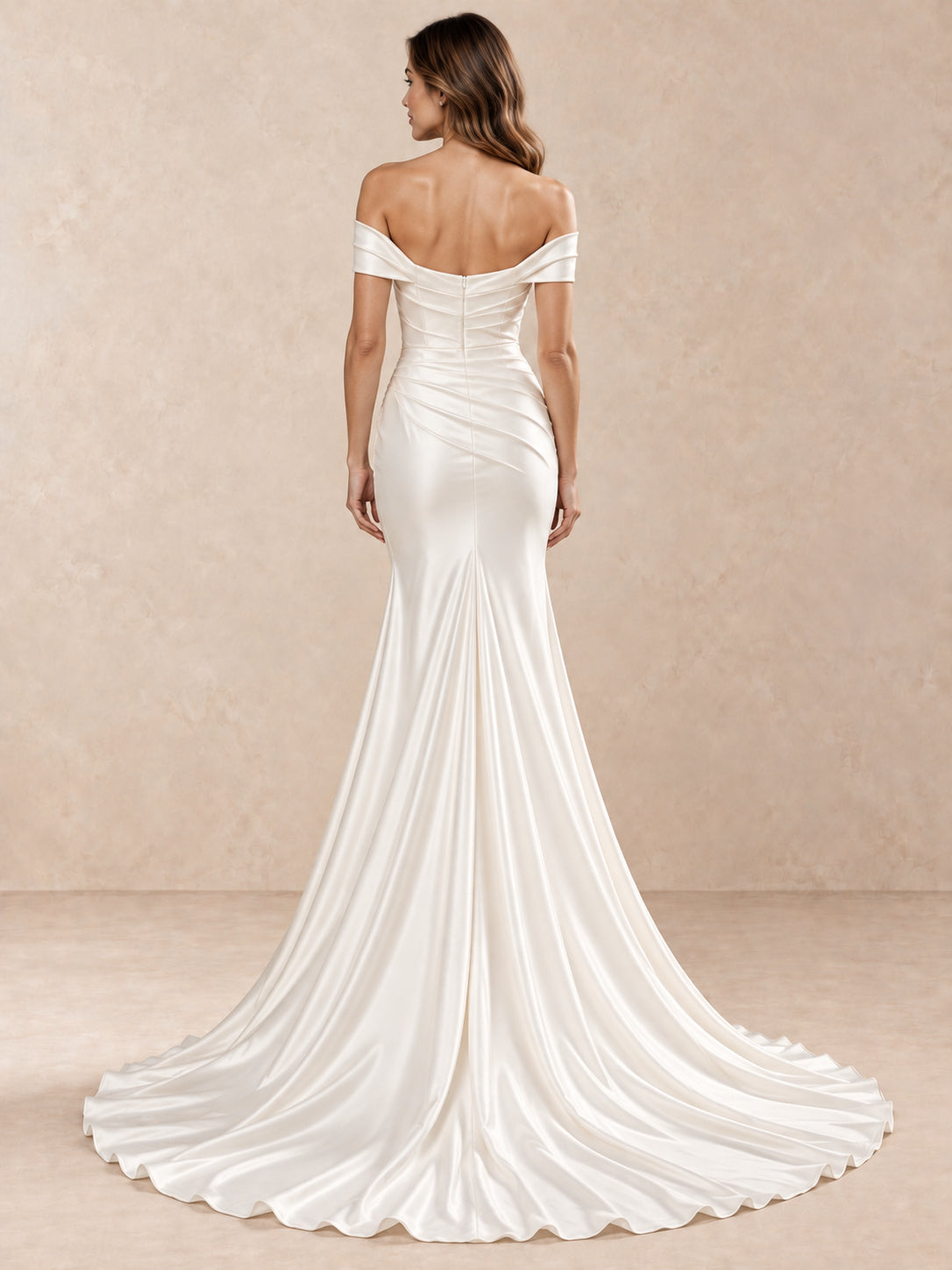 White Off-the-Shoulder Satin Trumpet Wedding Dress with Draped Bodice