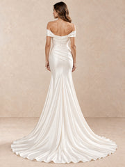 White Off-the-Shoulder Satin Trumpet Wedding Dress with Draped Bodice