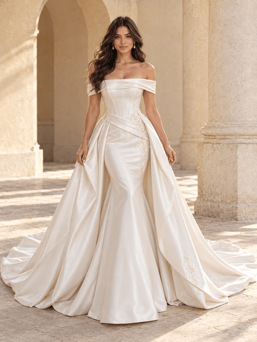 White Off-the-Shoulder Satin Wedding Dress with Corset Bodice
