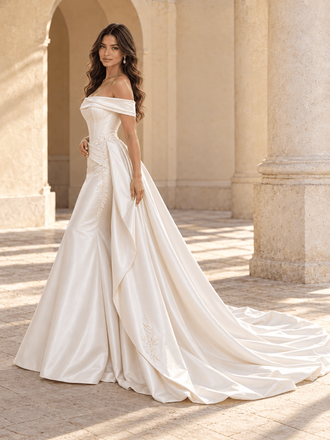 White Off-the-Shoulder Satin Wedding Dress with Corset Bodice