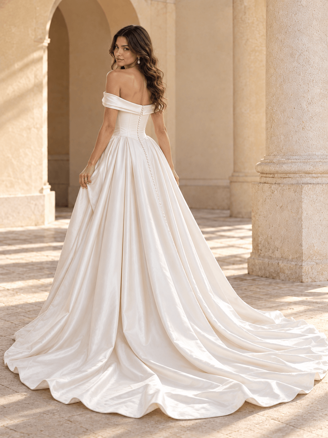 White Off-the-Shoulder Satin Wedding Dress with Corset Bodice