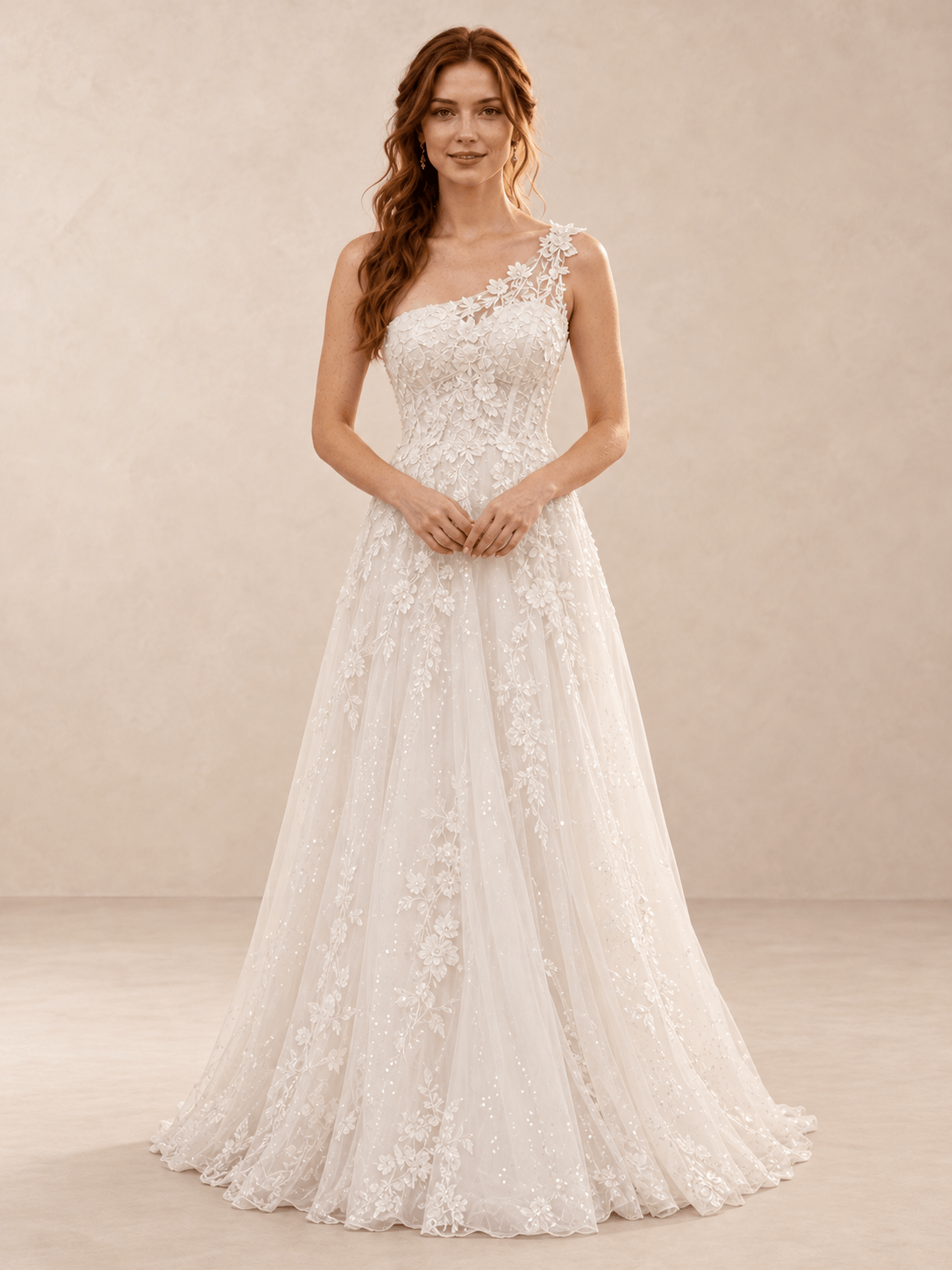 White One-Shoulder Floral Lace Sequin Wedding Dress with Sweep Train